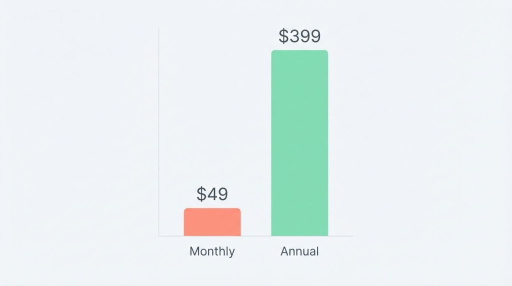 Bar chart comparing Mindvalley monthly versus annual membership pricing.