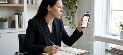 A digital learning expert analyzing the Mindvalley app on a smartphone while taking notes.